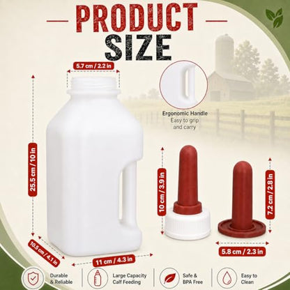 Calf Feeding Bottle 2 Quart with Screw Nipple, Livestock Nursing Bottle Kit with 4 Extra Rubber Nipples & Long Cleaning Brush, Easy-Grip Milk Bottle for Calves, Lambs, Goat Kids, Farm Feeding Supplies
