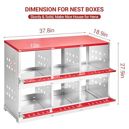 GarveeLife Chicken Nesting Boxes for Laying Eggs, Metal Chicken Nesting Box with Vented Holes and Swing Perch for Chicken Coop, Egg Laying Boxes for Chickens, Hens, Ducks (6 Compartments)