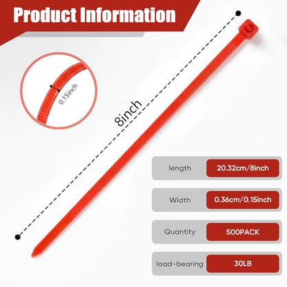 Zip Ties, 500pcs Red Zip Ties 8 Inch, Plastic Ties Small Zipties Cable Tie Wraps, Multi-Purpose Cable Management Ties, Self-Locking Ziptie for Office and Home(Can bear 30lb) - color: Red, size: 8" (500 Pack)