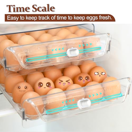 Egg Holder for Refrigerator,60 Eggs Clear Drawer Organizer,2 Layer Stackable Egg Holder Egg Trays,Egg Storage Container with Time Scale for Fridge Countertop Cabinet - size: 60 eggs