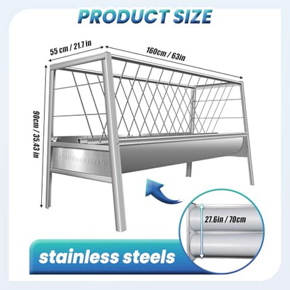 Stainless Steel Hay Feeder, 100 Gallon Capacity Weather-Resistant and Rust-Proof Large-Capacity Dry/Wet Hay and Grain Feeder Dimensions: 63 x 27.5 x 35.4in Outdoor Hay Rack Feeder for Farms and Barns