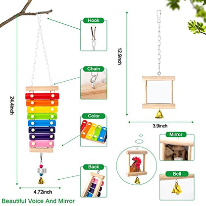 9PCS Chicken Toys for Coop Accessories - Chicken Xylophone Toy, Chicken Mirror, Chicken Ladder Bridge, Coop Swing, Vegetable Hanging Chicken Feeder, Chewing Foraging Toys, Gifts for Hens - size: 9pcs
