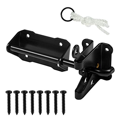 HILLMASTER Heavy Duty Automatic Gate Latch for Wooden Fences with Pull String, 7.5" Self-Locking Gravity Gate Door Latches with Handle for Outdoor Garden, Pool, Metal Gates, Vinyl Fence, Black Finish