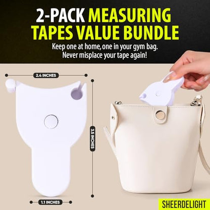 SheerDelight Body Measuring Tape, 2 Pack Retractable Measuring Tape for Body Measurements with Locking Mechanism and Push Button, Automatic Body Tape Measure for Fitness & Tailoring - White