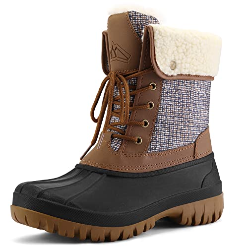mysoft Women's Waterproof Snow Boots Insulated Warm, Lace-Up Winter Mid Calf Duck Boots for Outdoor - color: Brown Plaid, size: 10