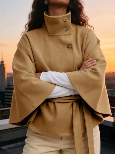 CHARTOU Women Batwing Sleeve Ponchos Pea Coat Wool Stand Collar Belt Capes Jacket Winter Cropped Overcoat - color: Khaki, size: X-Large