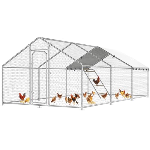 Large Metal Chicken Coop with Roosting Perch Walk-in Poultry Cage Chicken Run Duck House Chicken Pen Spire Shaped Coop with Waterproof Cover for Outdoor Backyard Farm Use(10' L x 19.7' W x 6.4' H) - size: 236.4"L x 120.0"W x 76.8"H