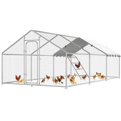 Large Metal Chicken Coop with Roosting Perch Walk-in Poultry Cage Chicken Run Duck House Chicken Pen Spire Shaped Coop with Waterproof Cover for Outdoor Backyard Farm Use(10' L x 19.7' W x 6.4' H) - size: 236.4"L x 120.0"W x 76.8"H