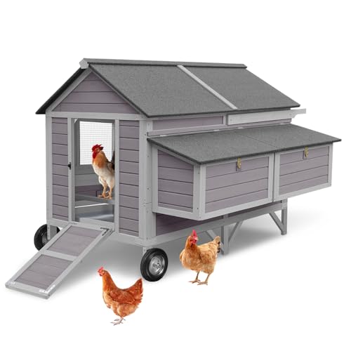 Aivituvin Chicken Coop Mobile Outdoor Hen House with Large Wheels Durable Wooden Poultry Cage with 2 Nesting Box for 3-8 Chickens 68.1’’ (68.11'' × 53.94'' × 49.02'') - size: 68.11"L x 53.94"W x 49.02"H