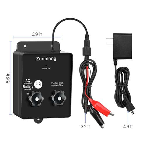 Electric Fence Energizer, Zuomeng 2-Mile 8 Acres Electric Fence Charger Powered by Battery or Power Adapter, 0.1 Joules, for Livestock, Pets, Garden & Wildlife Control