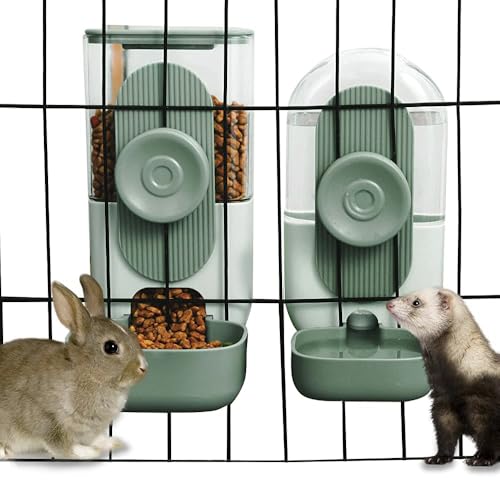 Lemtrflo Hanging Automatic Food and Water Dispenser, Gravity Rabbit Feeder Set, Cage Cat and Bunny Food Bowl (Cage Grid Spacing Over 1.2'') - color: Green