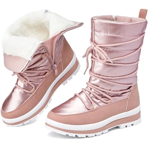 Waluzs Snow Boots for Women Fur Winter Boots Waterproof Ski Boots Women's Mid Calf Boots Furry White Lace up Boots with Zipper - color: Pink, size: 8.5