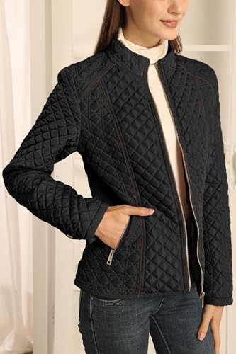 Bellivera Women's Stand Collar Lightweight Quilted Puffer Jacket | Casual Padded Zip Long Sleeve Coat for Spring and Winter with Pockets - color: Black, size: Medium
