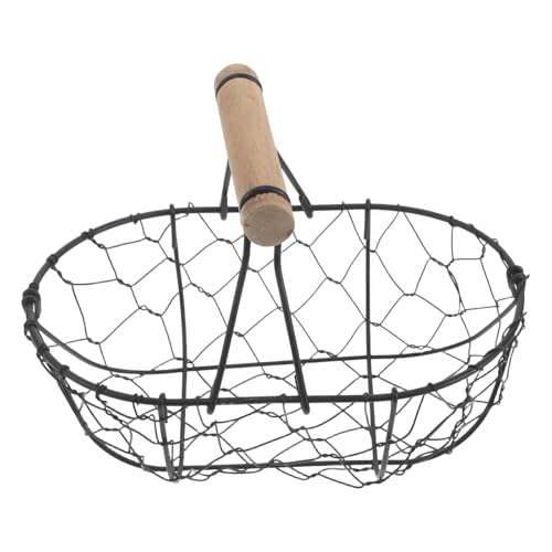 Egg Storage Basket: Wire Mesh Vegetable Storage Bin with Wooden Handle for Kitchen Fruit Bread Egg Collection and Countertop Organization (Black) - color: Black