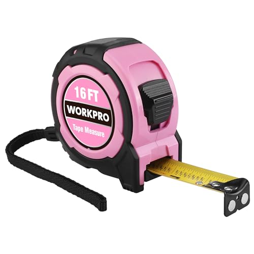 WORKPRO 16FT Pink Tape Measure, 1/8 Fractions Easy Read Measuring Tape, Retractable Nylon Coating Measurement Tape Accuracy 1/32, Magnetic Hook, Belt Clip, Rubber Protective Casing - color: Pink, size: 4.9 m