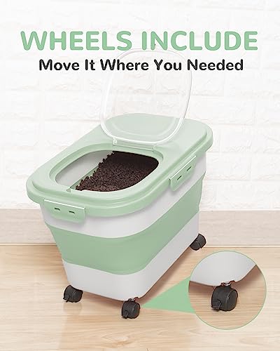 20-23 Lbs Dog Food Storage Container Airtight,Collapsible Pet Food Storage | Dog Food Container with Double Airtight Seal & Magnetic Lid,Cat Food Container with Wheels for Easy Moving,Small Jar,Scoop - color: Green&White
