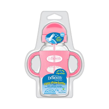 Dr. Brown's Wide-Neck Sippy Straw Bottle with Handles, Pink, 9oz/270ml, 1-Pack - color: Pink, size: 1 Count (Pack of 1)