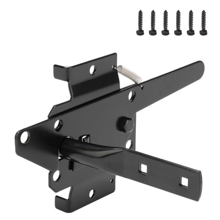Post Mount Heavy Duty Self Locking Gate Latch for Wooden Fence, Automatic Gravity Lever Spring Fence Latches Gate Lock Gate Hardware for Outdoor/Garden/Vinyl/Wood Fence/Metal Gate,Black Finish