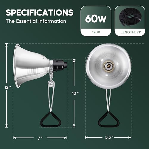 Healsmart 5.5" Clamp Light Socket, 60-Watt Maximum with 6 Feet 18/2 SPT-2 Cord, Aluminum Reflector E26 (no Bulb Included), for Reptiles and Plants Growing, 2-Pack - size: 5.5 Inch (60 Watts), style: 2-Pack