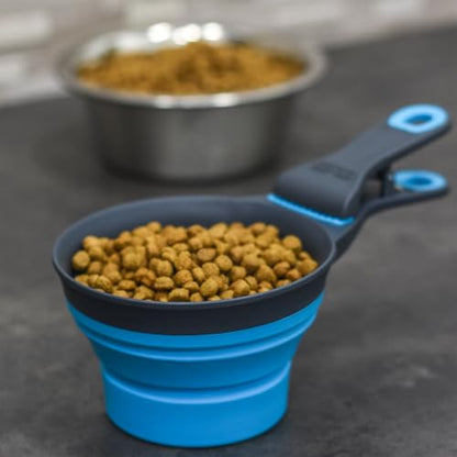 Dexas Popware for Pets Collapsible Klip Scoop, 3-in-1 Pet Food Scoop, Measuring Cup and Bag Clip, 1/2 Cup Capacity, Pro Blue - color: Pro Blue, size: 1/2 Cup Capacity