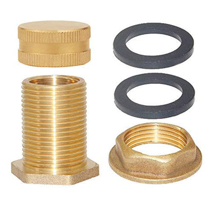 Joywayus 2 Pack Brass Male Garden Hose Bulkhead Fitting with Plugs,1/2" Female 3/4" GHT Male Water Tank Connector Threaded and 3/4" GHT Female Outer Hex Head End Pipe Caps Drain/Flush Port Kit - size: 3/4"GHT Male x 1/2"Female-2PCS