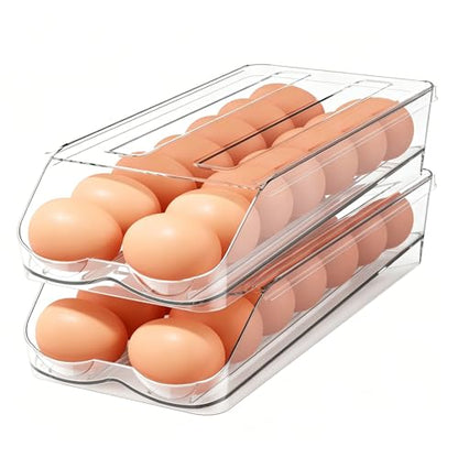Egg Holder for Fridge,Automatic Rolling Egg Container for Refrigerator,2 Pack Clear Stackable 28-Count Egg Organizer with Lid, Fridge Organizers and Storage - size: Pack of 2