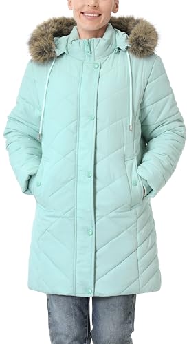 Women's Long Warm Winter Coat Windproof Thickened Fleece Lined Down Jacket Waterproof Puffer Outerwear with Removable Hood - color: Light Green, size: Medium