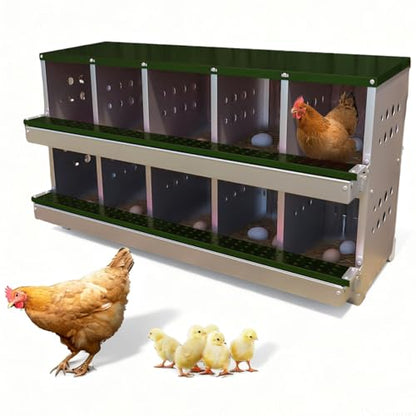 Chicken Nesting Box, 10 Compartment Roll Away Laying Box for Hens, Heavy-Duty Galvanized Steel, Front Egg Collection Tray, 10 Training Eggs Included - color: Green, size: 10 Compartments & 10 Eggs