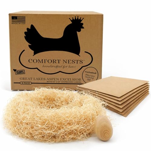 Cackle Hatchery Comfort Nests™ Chicken Nesting Kit – 2 lb Hand-Pulled Aspen Excelsior Bedding, 8 Chipboard Nest Liners & Wooden Nest Egg | Customizable Nest Box Bedding | Made in USA