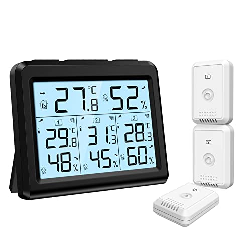 KeeKit Indoor Outdoor Thermometer, Temperature Humidity Monitor with 3 Wireless Sensors, Hygrometer Meter Gauge with LCD Backlight, Min/Max Record for Home, Office, Restaurants, Bars – Black - color: Black