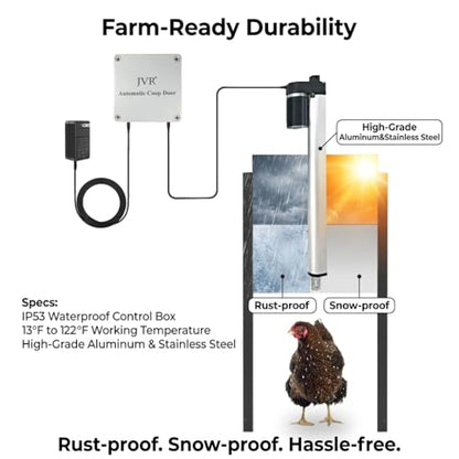 JVR WiFi Automatic Chicken Coop Door, App & Alexa Control, Aluminum | Electric plug-in, 2.4G WiFi, sunrise/sunset timer, anti-pinch sensor, IP53 weatherproof, heavy-duty aluminum actuator - size: Small