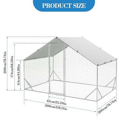 Large Metal Chicken Coop, 9.8'L x 6.5'W x 6.5'H Walk-in Poultry Cage, Chicken Run Pen House with Waterproof & Anti-Ultraviolet Cover Chicken Coop Run for Outdoor Backyard Farm - size: 118.1"L x 78.7"W x 78.7"H