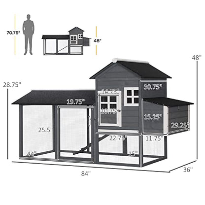 PawHut 84" Wooden Chicken Coop, Hen House Outdoor with Run Nesting Box, Asphalt Roof, Removable Tray, Ramp, Poultry Cage for 2-3 Chickens, Gray - color: Gray