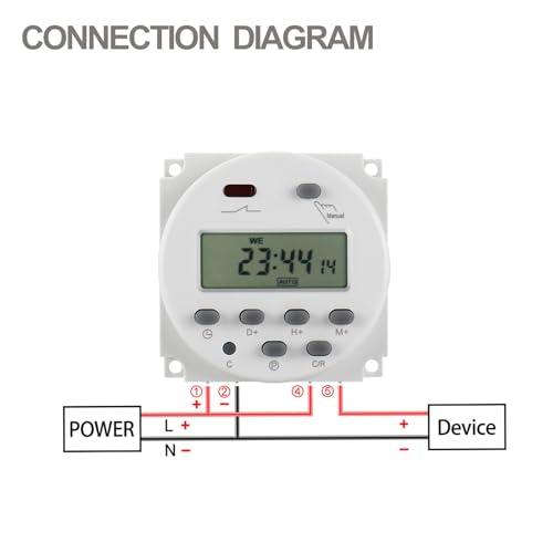 Baomain Time Switch Relay with 4 x Terminal Cable,Digital LCD Programmable Timer,12V DC/AC Input,200-250V 16A Output,28 Programs Daily/Weekly Schedule,CN101A for Lighting and Equipment Control - size: Timer with Terminal Cable