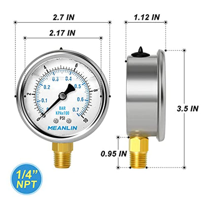 MEANLIN MEASURE 0~10Psi Stainless Steel 1/4" NPT 2.5" FACE DIAL Liquid Filled Pressure Gauge WOG Water Oil Air Lower Mount, with 1/2" NPT and 3/8" NPT Hex Bushing - size: 0-10Psi