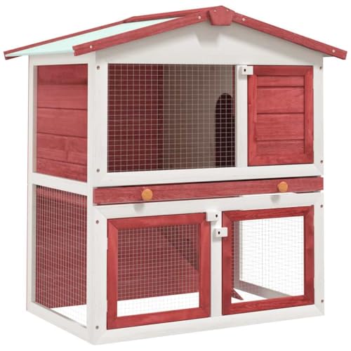 Red and White Solid Pine Outdoor Rabbit Hutch Bunny Cage House Enclosure 37 x 37 x 38.6 Inch Weather-Resistant Design with Pull-Out Tray for Garden Pet Safety - color: Red, size: 37.0 x 37.0 x 38.6 in (W x L x H)