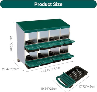 8 - Compartment Roll Away Chicken Nesting Box, Wall - Mount Laying Egg Box with Easy Egg Collection & Cleanable Pull - Out Trays, Hen Roosting Boxes for Efficient Egg Laying