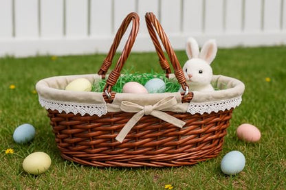 MEIEM Wicker Gift Baskets Empty Oval Willow Woven Picnic Cheap Easter Candy Storage Wine Basket with Handle Egg Gathering Wedding Basket (Brown) - color: Brown, size: Small