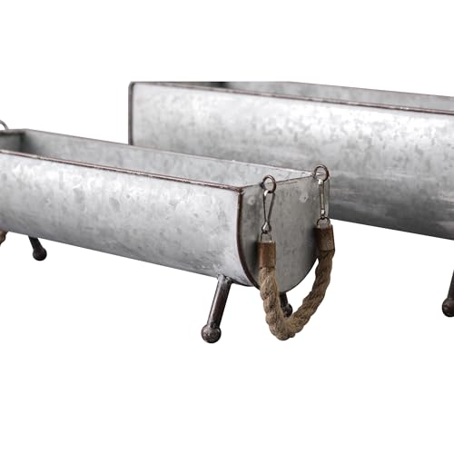 SOFE Poultry Feeder Galvanized Metal Chicken Feeder Set of 2, Farmhouse Chicken Picnic Table Feeder, Chicken Planter, Decorative Galvanized Tray Trough Shaped, 15 and 13 Inches Long