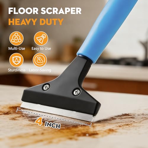 Heavy-Duty Floor Scraper with Long Handle (37''-51.5''), 4-Inch Metal Scraper Cleaning Tool, Comes with 10 Blades, Suitable for Cleaning Walls, Glass, Adhesives, Chewing Gum, and Ceilings - size: 37in