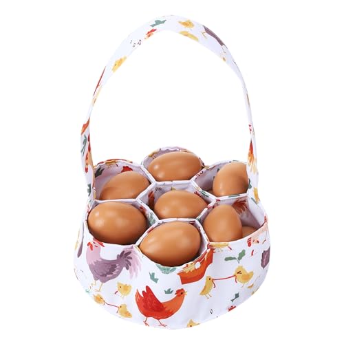 Egg Collecting Basket, Canvas Egg Basket for Gathering with 7 Pouches for Chicken, Duck, Goose, Bird, Various Poultry Collection (Cartoon Chicken Style 3) - style: Cartoon Chicken Style 3