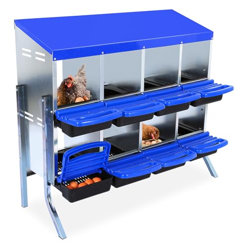 Chicken Nesting Box, 8-Hole Roll Away Egg Laying Box with Lid, Galvanized Steel Rustproof Design - Easy Egg Collection, Easy Clean with Bracket Legs, Blue - color: blue, size: 8 HOLES WITH LEGS