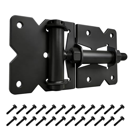 Heavy Duty Self-Closing Gate Hinges for Vinyl & Wooden Fence Gates, 90° Adjustable Hinges Kit with Swing Adjuster Tool and Self-Tapping Screws, Non-Weld Black Finish, 2-Pack - size: Gate Hinges-2 Pcs