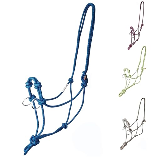 Tahoe Tack Copper Tip® Series Horse Training Rope Halter – 4 Knot, 1/4" Stiff Cord with 2 Rings for Enhanced Control - color: Blue/Black