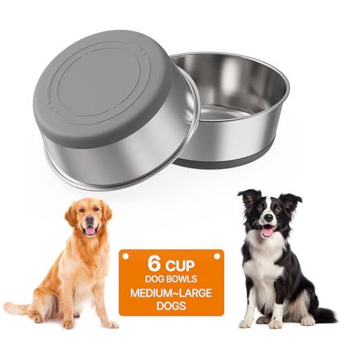 Food Grade 304 Stainless Steel Dog Bowls with Non-Slip Rubber Bottom,Food and Water Bowl for Feeding Dogs and Cats, Dishwasher Safe, Rust Resistant, BPA Free(Set of 2) (Gray, 6 Cup) - color: Gray, size: 6 Cup