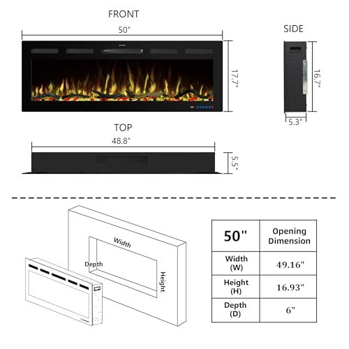 50" APP Electric Fireplace, Wall Mounted & Insert Electric Fireplace, Adjustable Flame Colors, 5 Brightness, 1-9H Timer, Thermostat, 750w/1500w, Balck - size: 50"