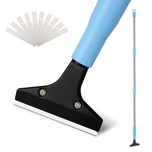 Silver Floor Scraper with 10 Replacement Blades - 4" Razor Blade, Stainless Steel Adjustable Long Handle (37" to 51"), Heavy-Duty Scraper Tool for Cleaning Stove Tops, Glass, Tiles, Walls & Labels