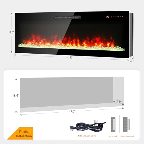 50" Electric Fireplace, Wall Mounted Recessed Fireplace Insert, 16 Adjustable Flame Colors, Fit 2x6 Stud w/Timer, Remote Control, Ultra-Thin Fireplace Heater, 1400W, Black - size: 50 Inch Standard