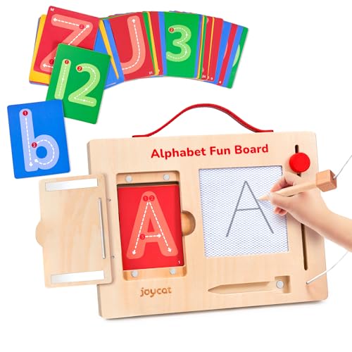 JoyCat Wooden Letter Tracing Board for Toddlers 3-5, Magnetic Alphabet & Number Writing Practice Board with 36 Double-Sided Cards, Reusable Preschool Handwriting Toy, Travel Learning Activity