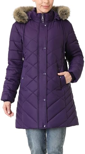 Women's Long Warm Winter Coat Windproof Thickened Fleece Lined Down Jacket Waterproof Puffer Outerwear with Removable Hood - color: Purple, size: Large